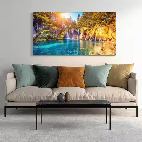 1pcwooden frame canvas decorative painting Waterfall, lush forest, crystal blue water.Corridor, Livi