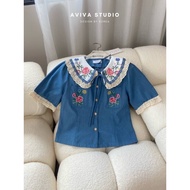 AVIVA Label Denim Shirt With Cross Stitch Pattern.