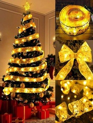 3m/5m/10m緞帶細繩雙層金色熱的郵票電池盒黃色的燈緞面緞帶適用於聖誕樹,禮品包裝,房間裝修