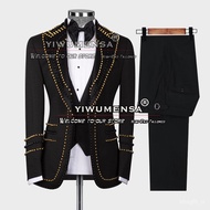 YQ2 Groom Wear Men's Suits For Wedding Gold/Black Peals Beaded Blazer Vest Pants 3 Pieces Banquet Party Tuxedo Tailored