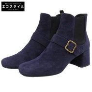 Prada Chunky Heel Side Buckle Suede Chelsea Boots, Women's, Navy, Size 38 1/2 (38.5)
