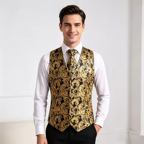 4PC Mens Golden Paisley Floral Luxury Vest Party Wedding Waistcoat Pocket Square Tie Suit Set