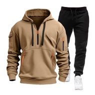 2Pcs/Set Men Sweatshirt Pants Set Hooded Drawstring Long Sleeve Sport Tops Elastic Waist Long Pants 
