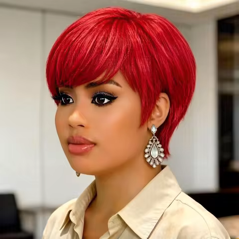 Human Hair Short Pixie Wig Platinum Blonde Straight Bangs Pixie Cut Human Hair Wigs, full machine ma