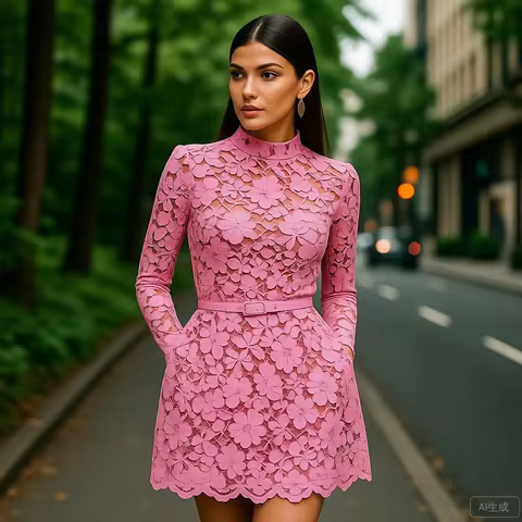 Pink Lace Short Sleeve High Neck A-Line Dress with Belt – Party Wedding Cocktail Dress Long Sleeve H