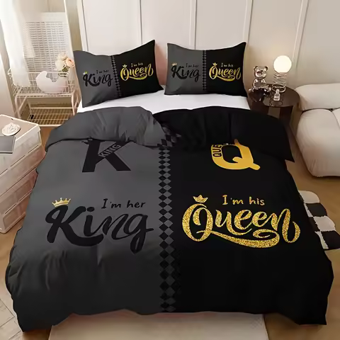 Black Grey Crown Lettering Duvet Cover Set (1 Duvet Cover +2 Pillowcases) High Definition Printing F