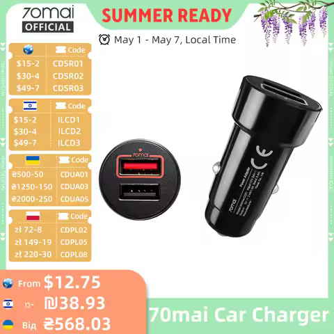 70mai Dual USB Car Charge Mini 2 USB Port 70mai Car Charger 70MAI Dual USB Car Adapter for All 70mai
