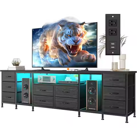 75, 80, 85 Inch TV Stand with 10 abric Ders, 75.5" W Entertainment Center with LED Lights & Power Ou