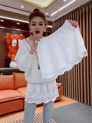 เสื้อฮู้ดลายลูกไม้สไตล์เกาหลีเอวสูงทรงเอผ้าฝ้ายผสมสำหรับผู้หญิงไซส์ใหญ่ 300 ปอนด์ เสื้อเชิ้ตแขนยาวลา