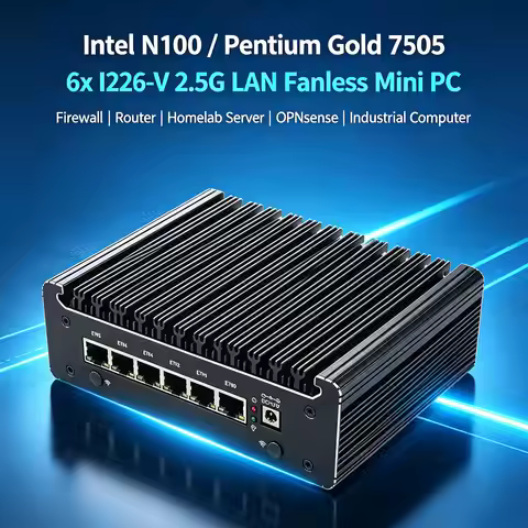Intel N100 Pentium Gold 7505 Fanless Mini PC 6x Intel I226‑V 2.5G LAN RJ45 COM Firewall Home Server 