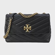 TORY BURCH KIRA 雙T金字LOGO鍊斜紋衍縫翻蓋兩用包-小/ 黑