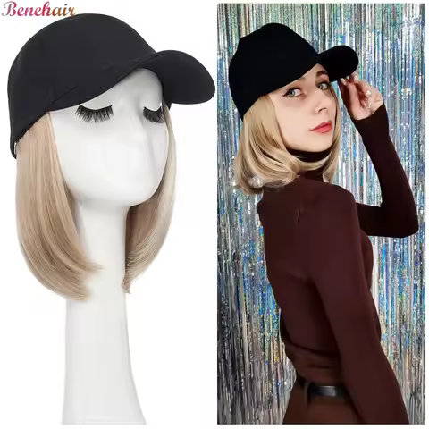 Benehair Synthetic 6inch Baseball Wig Bob Wig Black Hat Wigs Cap With Hair Naturally Connect Bob Hai