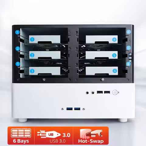 6-Bay NAS Case DIY Mini ITX Chassis with SATA Backplane Board, Supports 1U PSU, 2.5/3.5" HDD SSD Sto