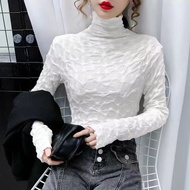 korean style women ladies puff long sleeve high neck lace top shirt blouse baju wanita inner wear t-shirt elastic tops