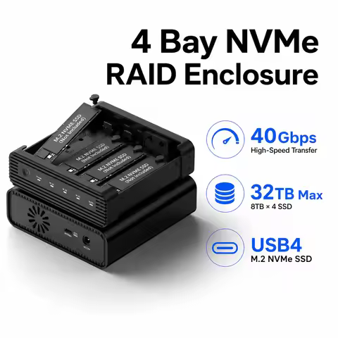 4 Bay M.2 NVMe SSD RAID Enclosure 40Gbps USB4 External Hard Drive Case 32TB Aluminum SSD Dock for Ma