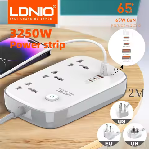 LDNIO Universal Power Strip with 65W GaN USB Charer 3250W Extension Cable Network Filter Surge Prote
