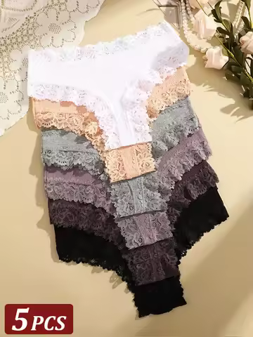 5Pcs/set Women Cotton Panties Floral Lace Intimate Underwear Trendy Patchwork Lace Briefs Female Sof