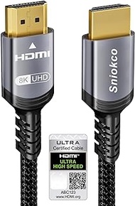 8K HDMI 2.1 Cable 6.6FT, Sniokco Certified 48Gbps Ultra High Speed Braided HDMI Cable 2M, Support Dynamic HDR, eARC, Dolby Atmos, 8K60Hz, 4K120Hz, HDCP 2.2 2.3, Compatible with HD TV Monitor and More