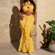 Plus Size Women 2PC Set: Hollow Ring Halter Neck Sexy Top & V-Shaped Waistband Ruched Flounce Mermai