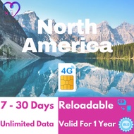 North America (US, Canada, Mexico) SIM Card 7-30 Days High Speed Unlimited Data USA Sim Card/Canada 