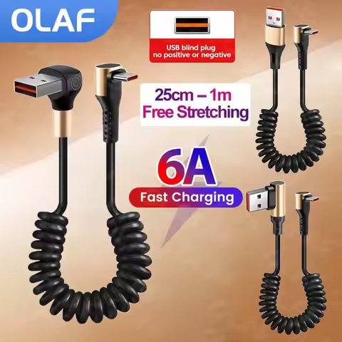 6A 90 Degree Elbow USB to Type C Spring Cable For iPhone 15 16 With Carplay 1M Retractable 66W USB C