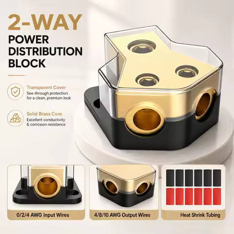 2 Way Power Distribution Block 0/2/4 Gauge Input to 4/8/10 Gauge Output Solid Brass Car Audio Amp Sp