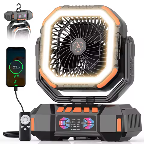 Outdoor Camping Fan 40000mAh, LED Light, Remote Timer, 360° Hook, Rechargeable Power Bank Fan for Te