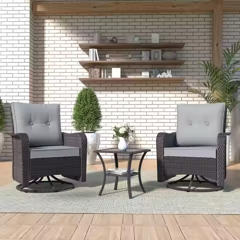 3 Pieces Patio Furniture Set Outdoor Swivel Gliders Rocker, Wicker Patio Bistro Set, Rattan Rocking 
