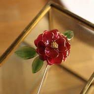 【山茶花胸針】 紅色山茶花長胸針 優雅氣質古典 手工 胸針