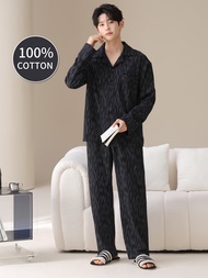Mens 100% cotton long sleeved four season plus size mens sleepwear teenage pure cotton home suit set