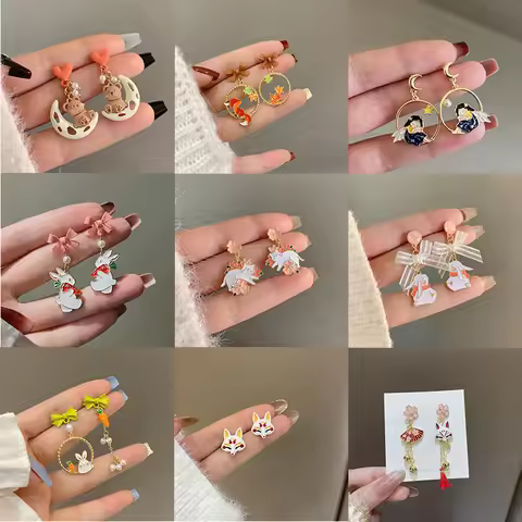 32 Style Colorful Enamel Cartoon Cute Rabbit Fox Ear Clips Funny Cat Bear Long Clip on Earrings With