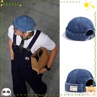 NEXTSG Denim Dome Melon Cap, Retro Adjustable Brimless Beanie Cap, Trendy Japanese Style Docker Cap 
