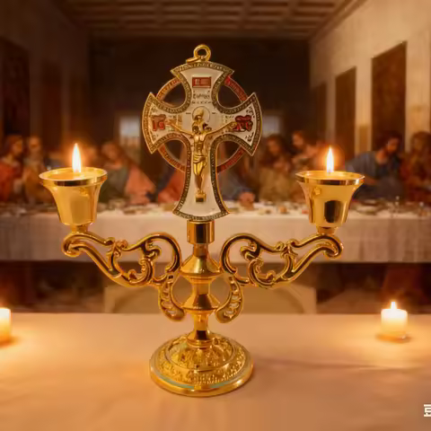 Gold Plated Orthodox Altar Double Candle Holder with Crucifix Cross for Church Liturgy Home Altar Pr