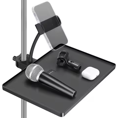 Microphone Stand Tray Mic Stand Tray with Phone Holder Adjustable Clamp On Stand for Singing Podcast
