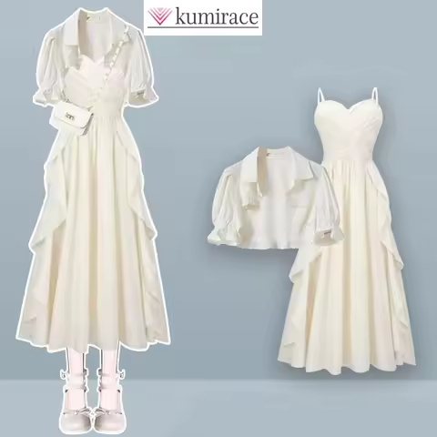 Lotus Leaf Edge Short Top Shirt Camisole Dress Two-piece Set Elegant Women's Skirt Set Summer Full S