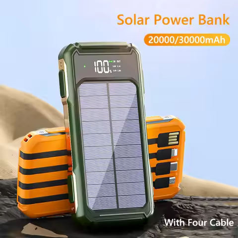 Solar Power Bank 20000mAh with 4 Cable Digital Portable Solar Charging Powerbank for iPhone 16 X Sam