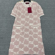 J6O1 Round Neck Knitted Skirt - Short Sleeve, Two Pockets, Contrast Color Detail