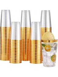 25pcs 7oz/210ml Golden Rim Airline Style Plastic Cups - Durable Hard Plastic Drinking Cups For Weddi