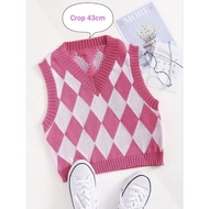 Argyle Crop Knit Vest with Ketupat Motif/ Korean Style Crop Knit Vest for Women Crop Outer