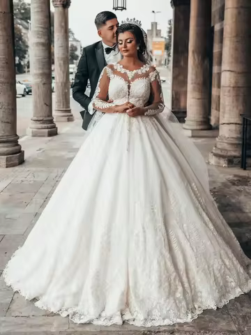 Flavinke Customzied Elegant Dubai Arabic Ball Gown Wedding Dresses Sweetheart Appliques Crew Neck Lo