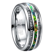 BONLAVIE Mens 8mm Tungsten Carbide Ring Black Meteorite + Green Opal Inlay Wedding Engagement Ring B