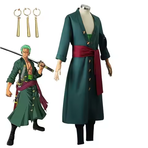 Anime Roronoa Zoro Cosplay Costume Uniform Green Coat Pants Head Scarf Roronoa Zoro Wig Earrings Hal