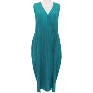 狀況極佳 ▲ 三宅一生 PP83-JA423 PLEATS PLEASE PLEASE 標誌紐扣背心連身裙，藍綠色，4 碼，日本製造，正品，女裝。
