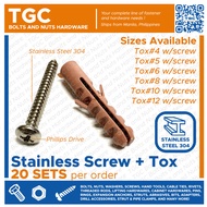 TGC 20PCS Tox + Stainless Screw SUS Toxscrew | Wall Plug Anchor | SS Tox and Screw | Plastic Screw A