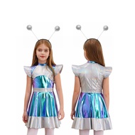 inhzoy Kids Girls Halloween Alien Cosplay Costume Outer Space Cutie Costume Dress with Funny Alien H