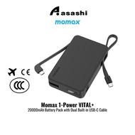 (3C Certified) Momax 1-Power VITAL+ 20000mAh Battery Pack with Dual Built-in USB-C Cable - Black