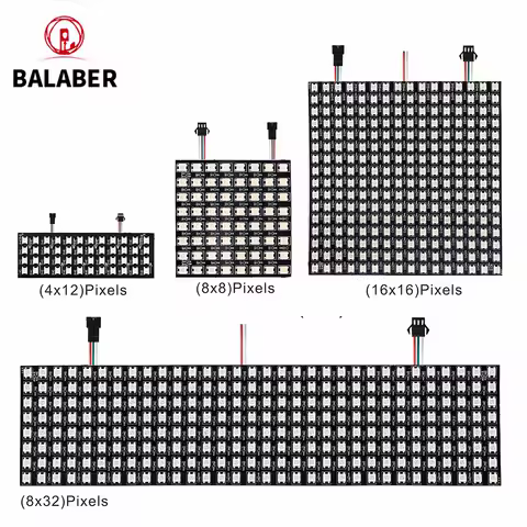 WS2812B RGB 4x12, 8x8, 16x16, 8x32 pixel display screen. WS2812B, individually addressable, digital