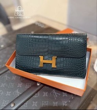 🌈Hermes💚Constance Wallet長銀包💚60松柏綠色金扣💚99新🌈霧面鱷魚皮🌟貼膜在🌟constancewallet🌟constance🌟愛馬仕🌟