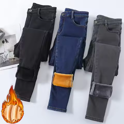Winter Lady Thermal Plush Jeans Snow Warm Stretch Jeans Hot Sale High Waist Fleece Pants Female Stra