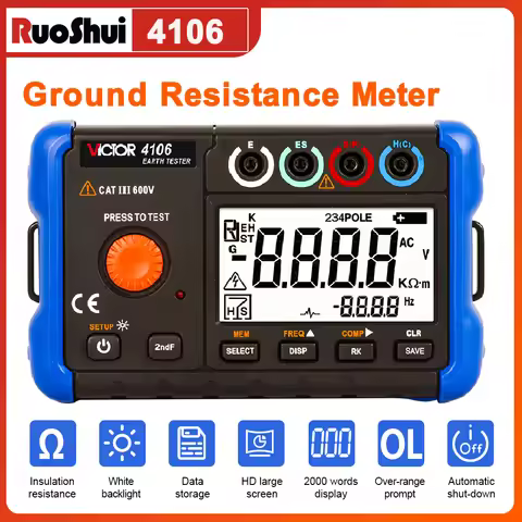 VICTOR Earth Ground Resistance Tester 0.1-3768KΩ Soil Resistivity Meter,Earth Resistance Tester 50V 